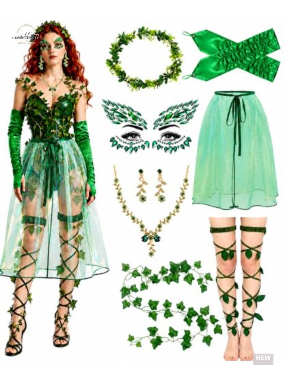 8 Pc Halloween Ivy Costume Accessory Set Green Leaf Crown Waist Cape Satin